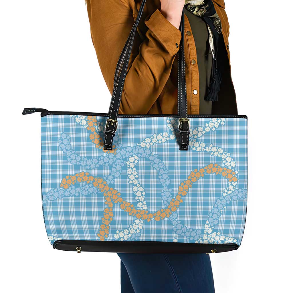 Blue Tropical Floral Palaka Leather Tote Bag Hawaiian Quilt Pattern - Polynesian Pride