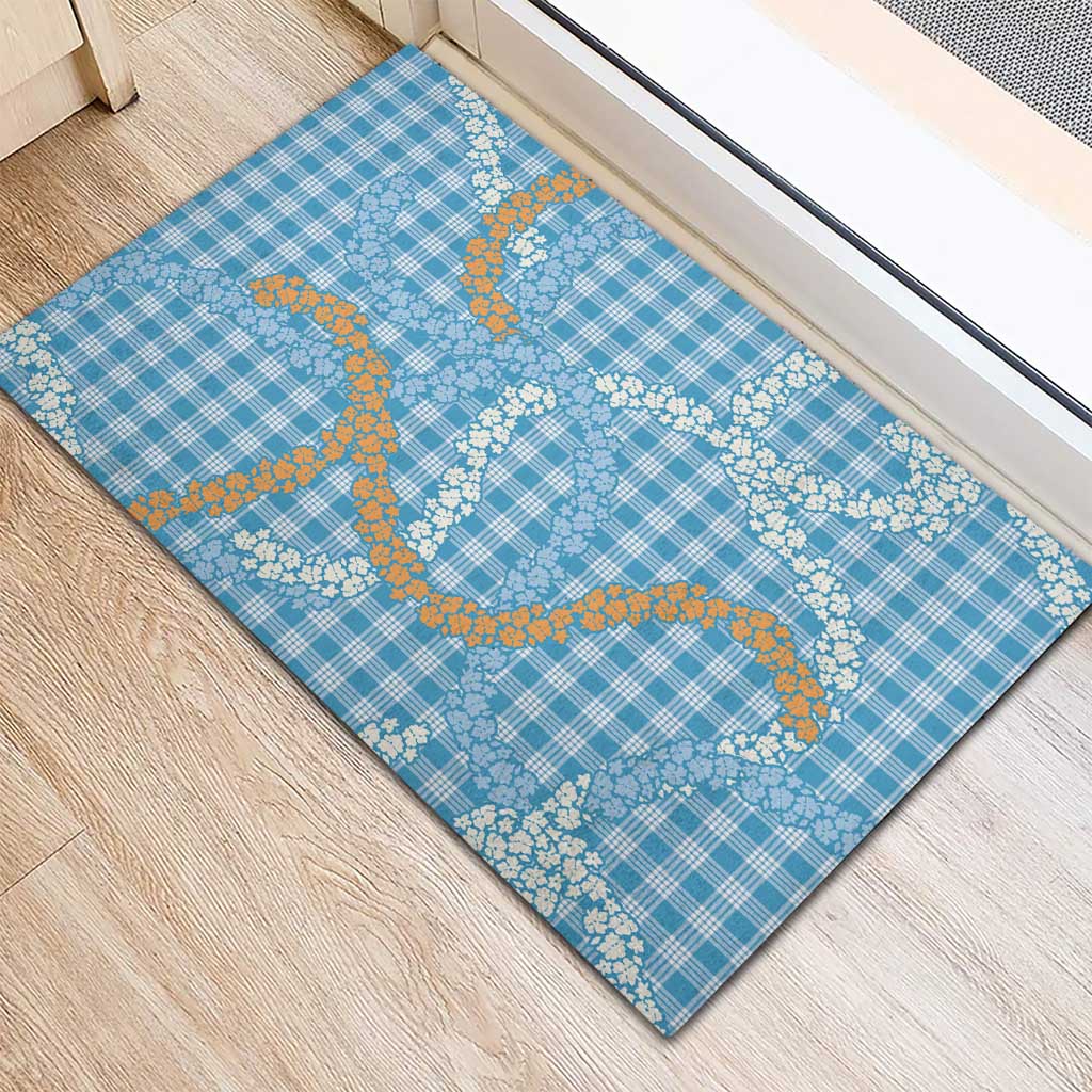 Blue Tropical Floral Palaka Rubber Doormat Hawaiian Quilt Pattern - Polynesian Pride