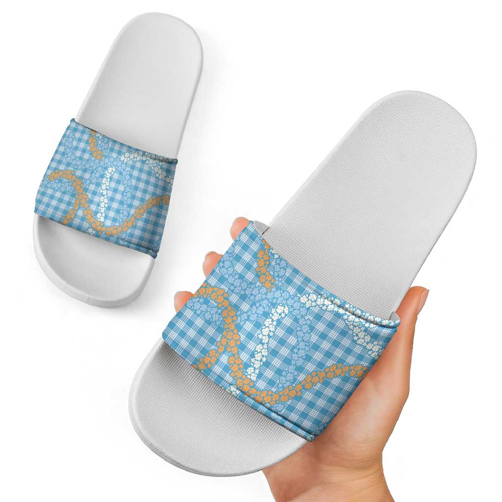 Blue Tropical Floral Palaka Slide Sandals Hawaiian Quilt Pattern - Polynesian Pride