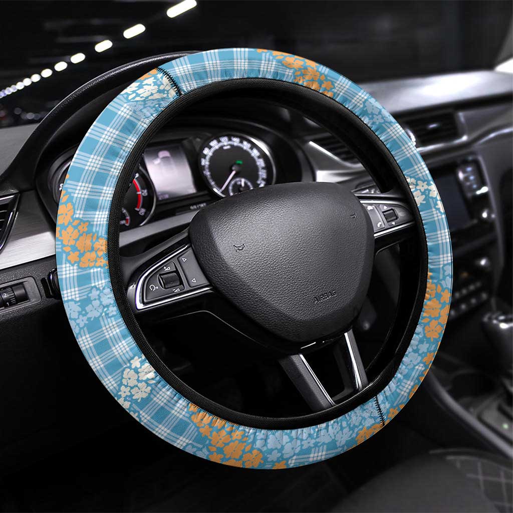 Blue Tropical Floral Palaka Steering Wheel Cover Hawaiian Quilt Pattern - Polynesian Pride