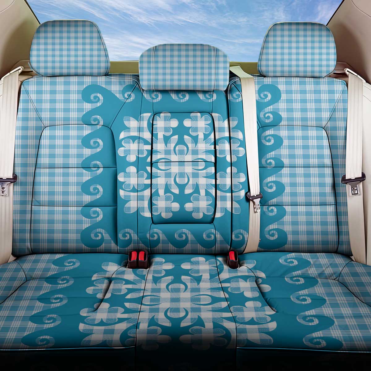 Blue Ulu Palaka Quilt Pattern Back Car Seat Cover Hawaii Culture Breadfruit - Polynesian Pride