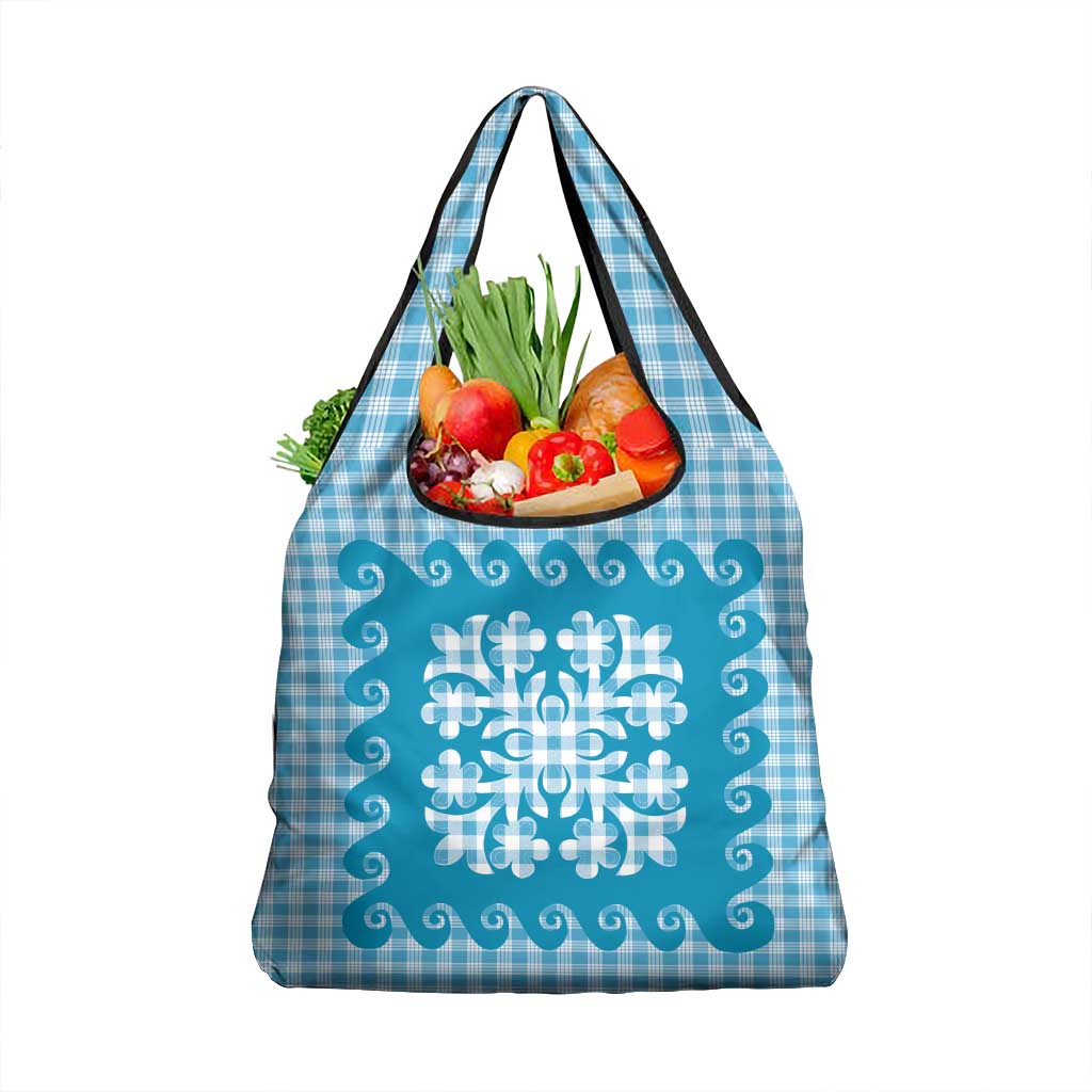 Blue Ulu Palaka Quilt Pattern Grocery Bag Hawaii Culture Breadfruit LT9 1-pack One Size Blue - Polynesian Pride