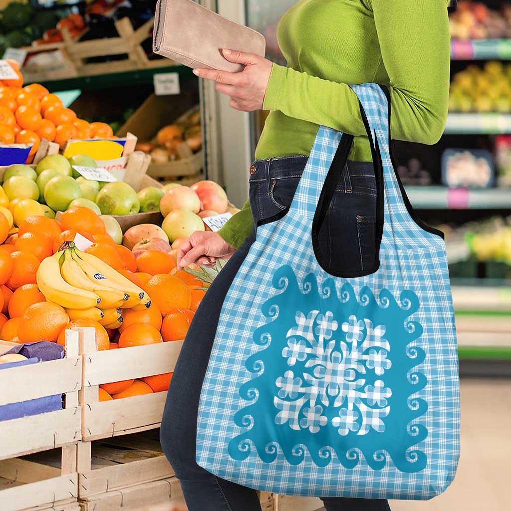 Blue Ulu Palaka Quilt Pattern Grocery Bag Hawaii Culture Breadfruit LT9 - Polynesian Pride