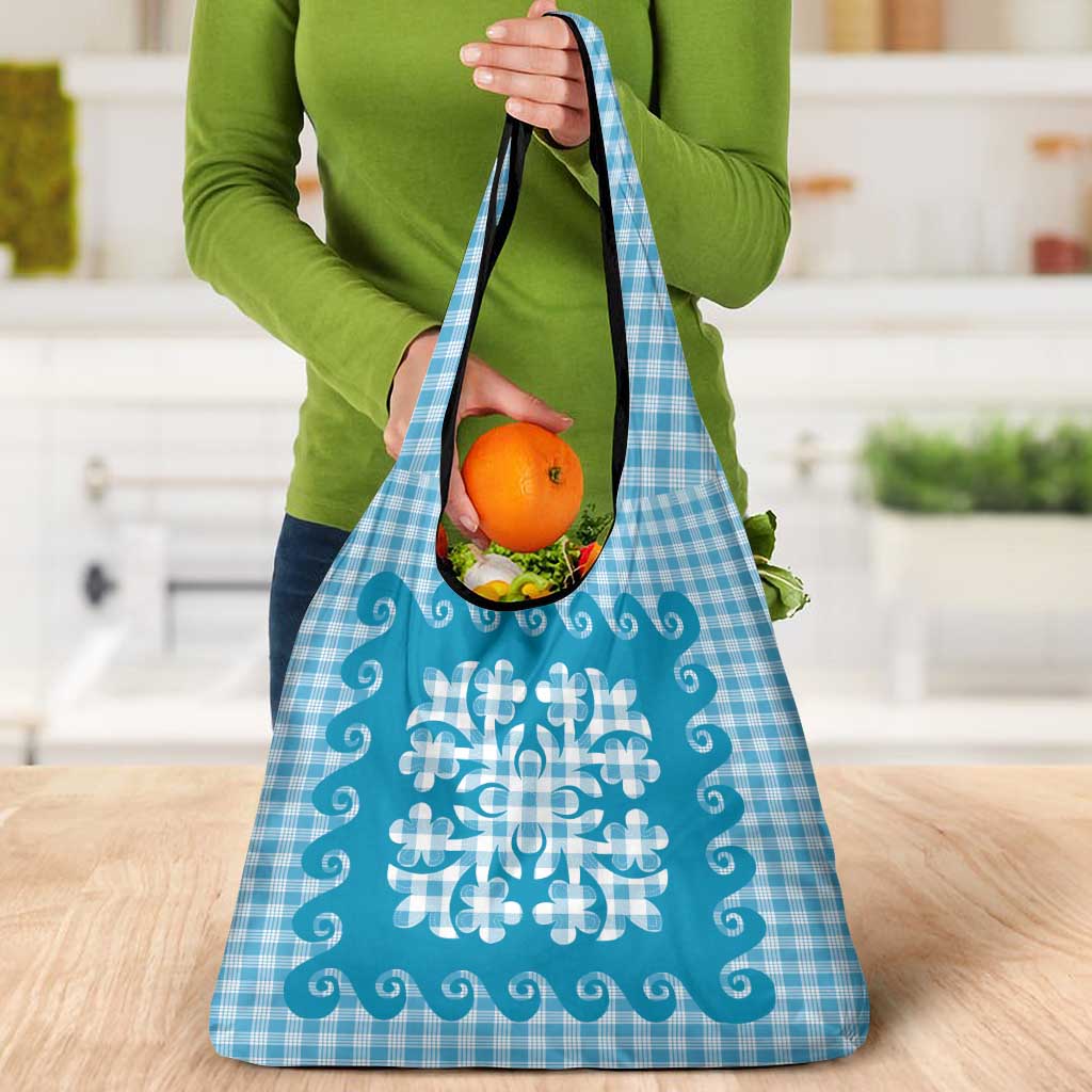 Blue Ulu Palaka Quilt Pattern Grocery Bag Hawaii Culture Breadfruit LT9 - Polynesian Pride