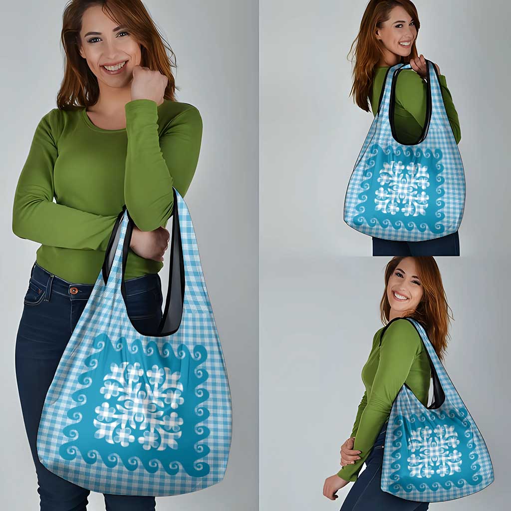 Blue Ulu Palaka Quilt Pattern Grocery Bag Hawaii Culture Breadfruit LT9 - Polynesian Pride