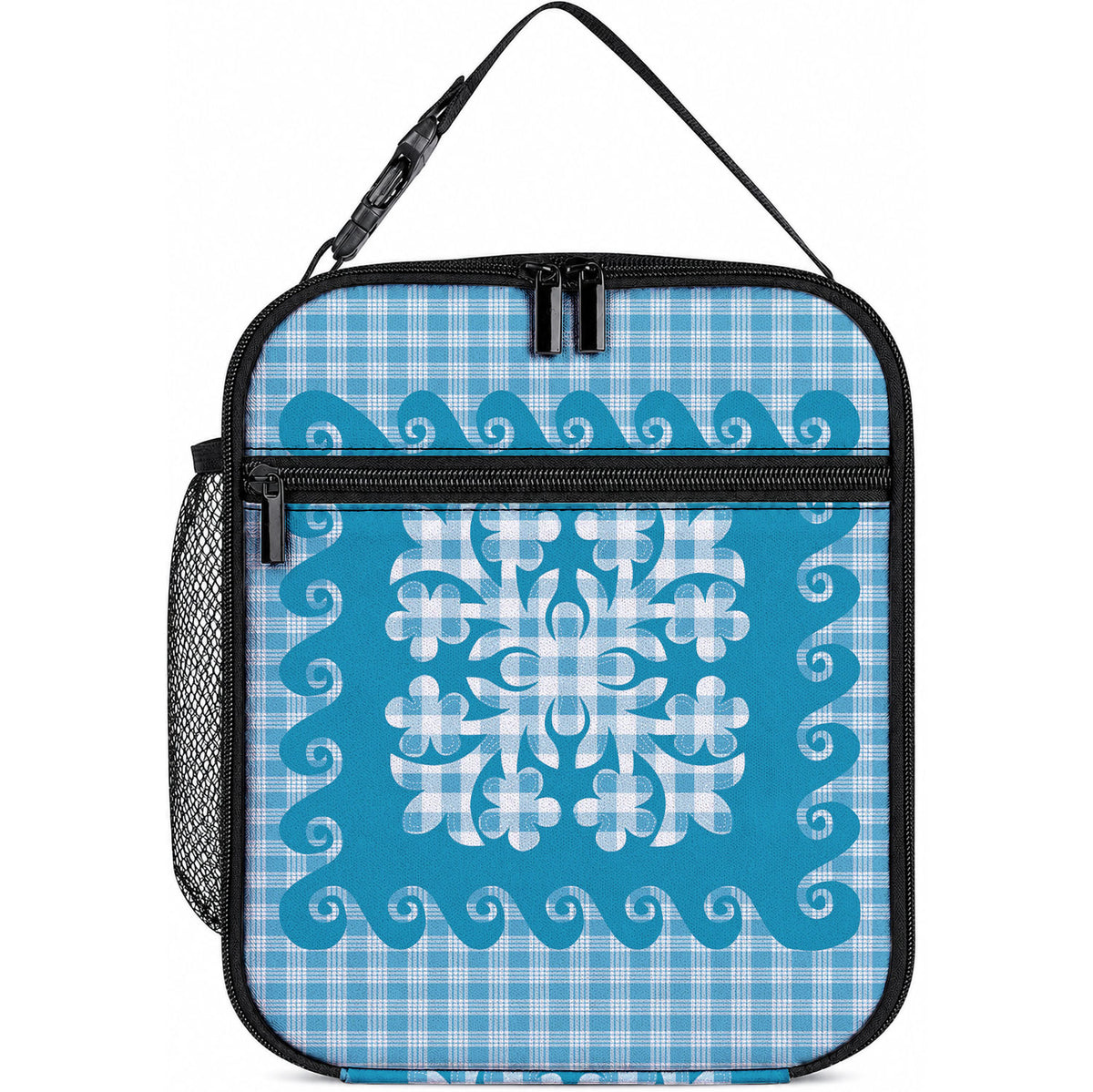 Blue Ulu Palaka Quilt Pattern Lunch Bag Hawaii Culture Breadfruit LT9 10.2 × 8.3 × 4.3 inch Blue - Polynesian Pride