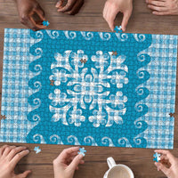 Blue Ulu Palaka Quilt Pattern Puzzle Hawaii Culture Breadfruit - Polynesian Pride