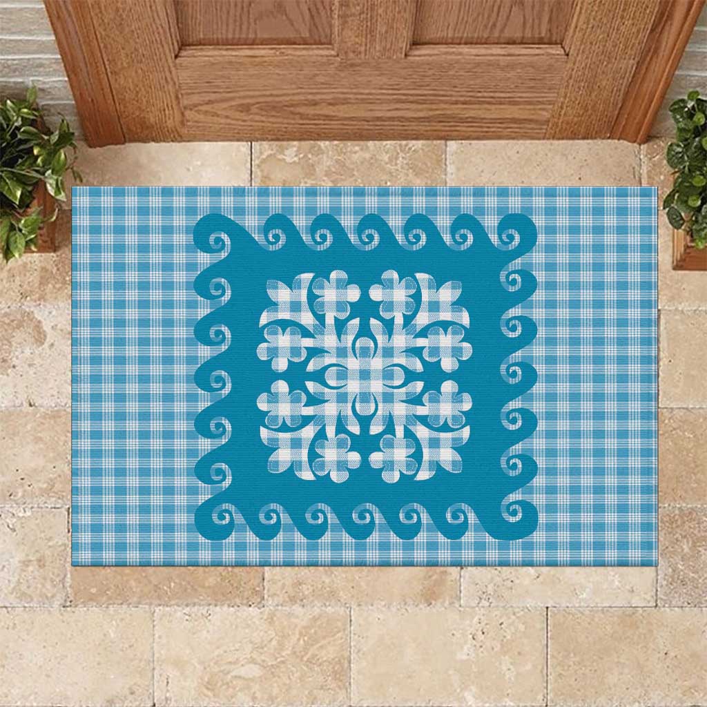 Blue Ulu Palaka Quilt Pattern Rubber Doormat Hawaii Culture Breadfruit LT9 Blue - Polynesian Pride