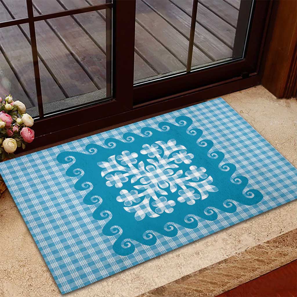 Blue Ulu Palaka Quilt Pattern Rubber Doormat Hawaii Culture Breadfruit - Polynesian Pride