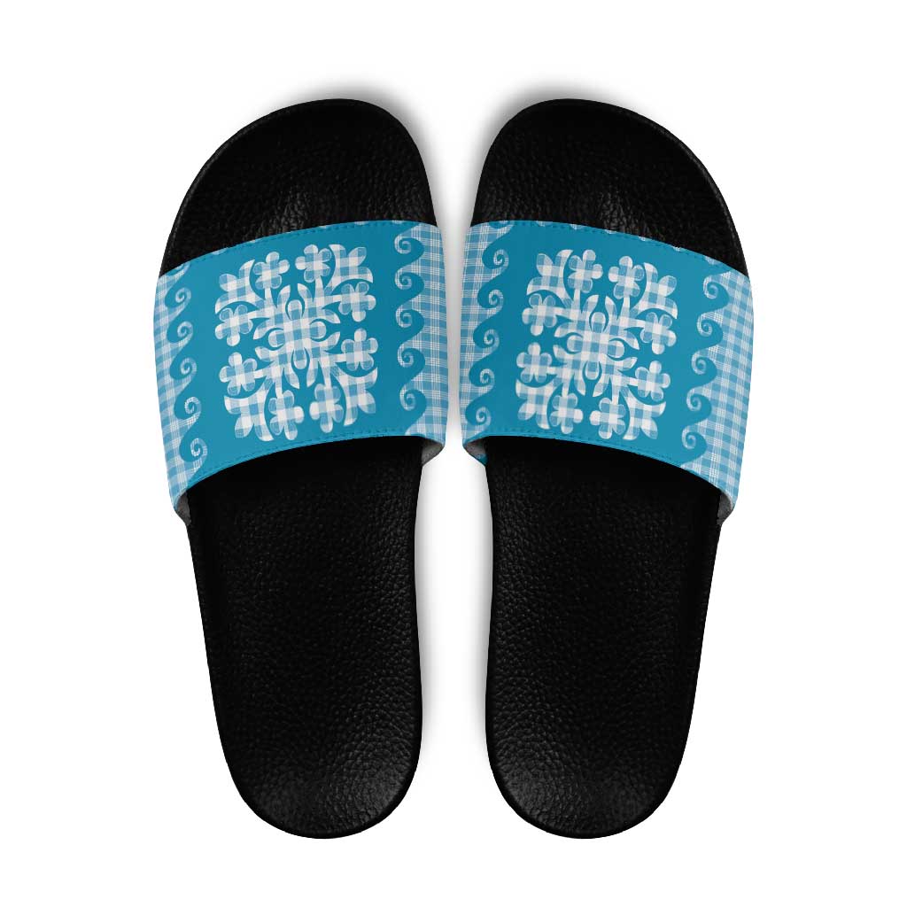 Blue Ulu Palaka Quilt Pattern Slide Sandals Hawaii Culture Breadfruit LT9 Blue - Polynesian Pride