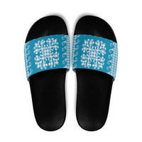Blue Ulu Palaka Quilt Pattern Slide Sandals Hawaii Culture Breadfruit LT9 Blue - Polynesian Pride