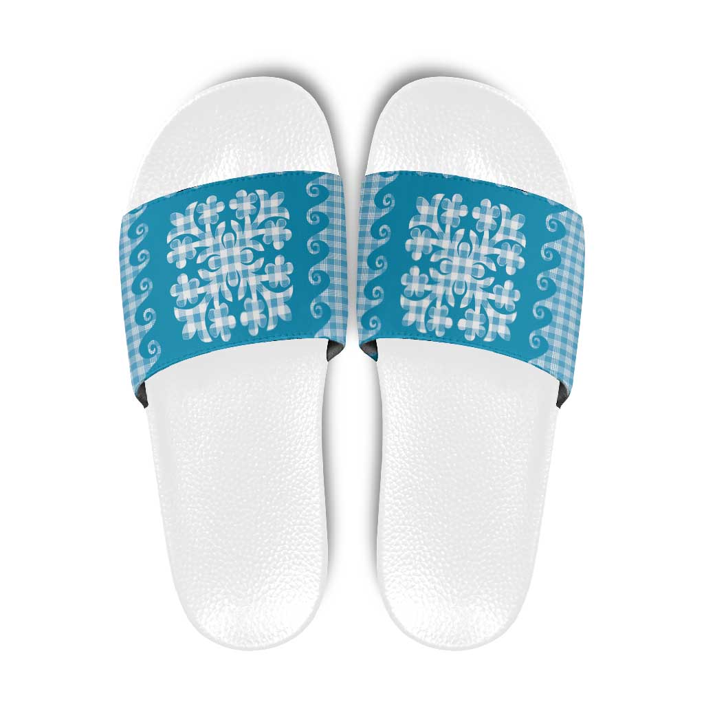 Blue Ulu Palaka Quilt Pattern Slide Sandals Hawaii Culture Breadfruit LT9 Blue - Polynesian Pride
