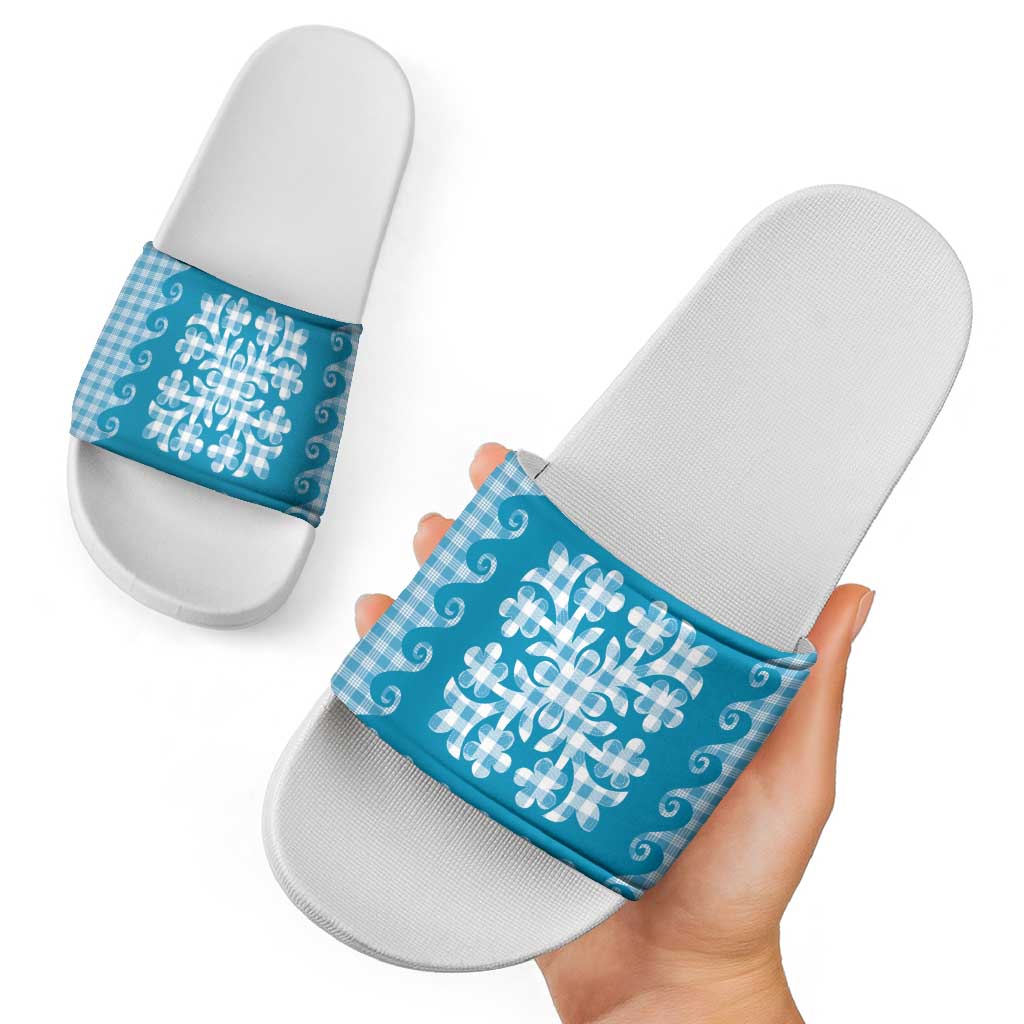 Blue Ulu Palaka Quilt Pattern Slide Sandals Hawaii Culture Breadfruit LT9 - Polynesian Pride