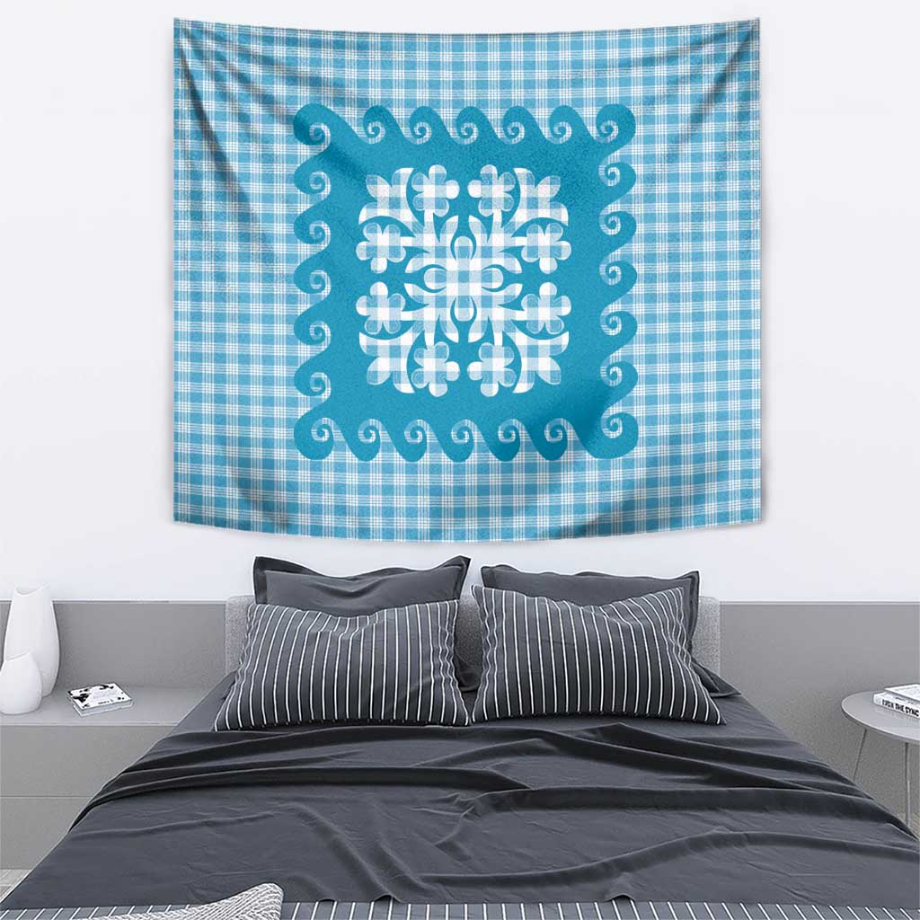 Blue Ulu Palaka Quilt Pattern Tapestry Hawaii Culture Breadfruit LT9 - Polynesian Pride
