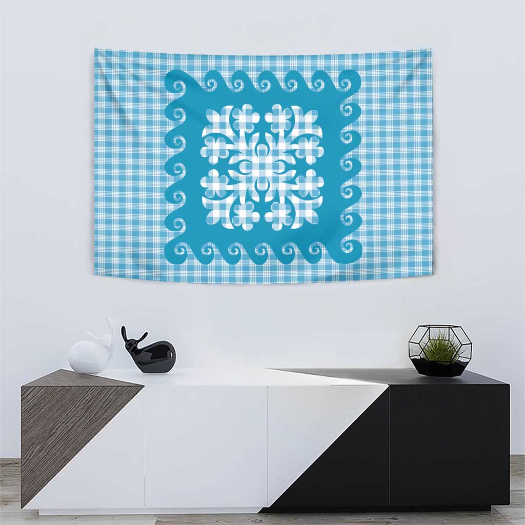 Blue Ulu Palaka Quilt Pattern Tapestry Hawaii Culture Breadfruit LT9 - Polynesian Pride
