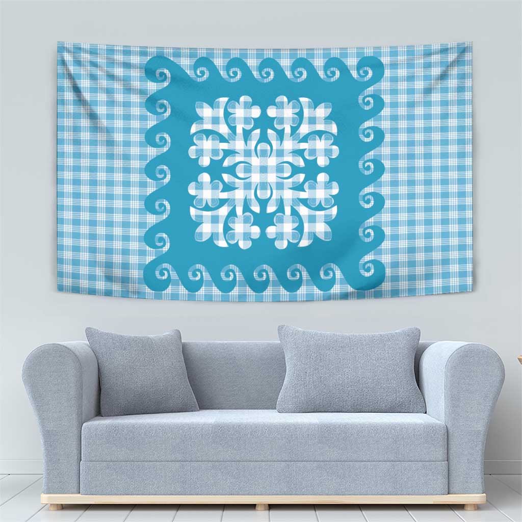Blue Ulu Palaka Quilt Pattern Tapestry Hawaii Culture Breadfruit LT9 - Polynesian Pride