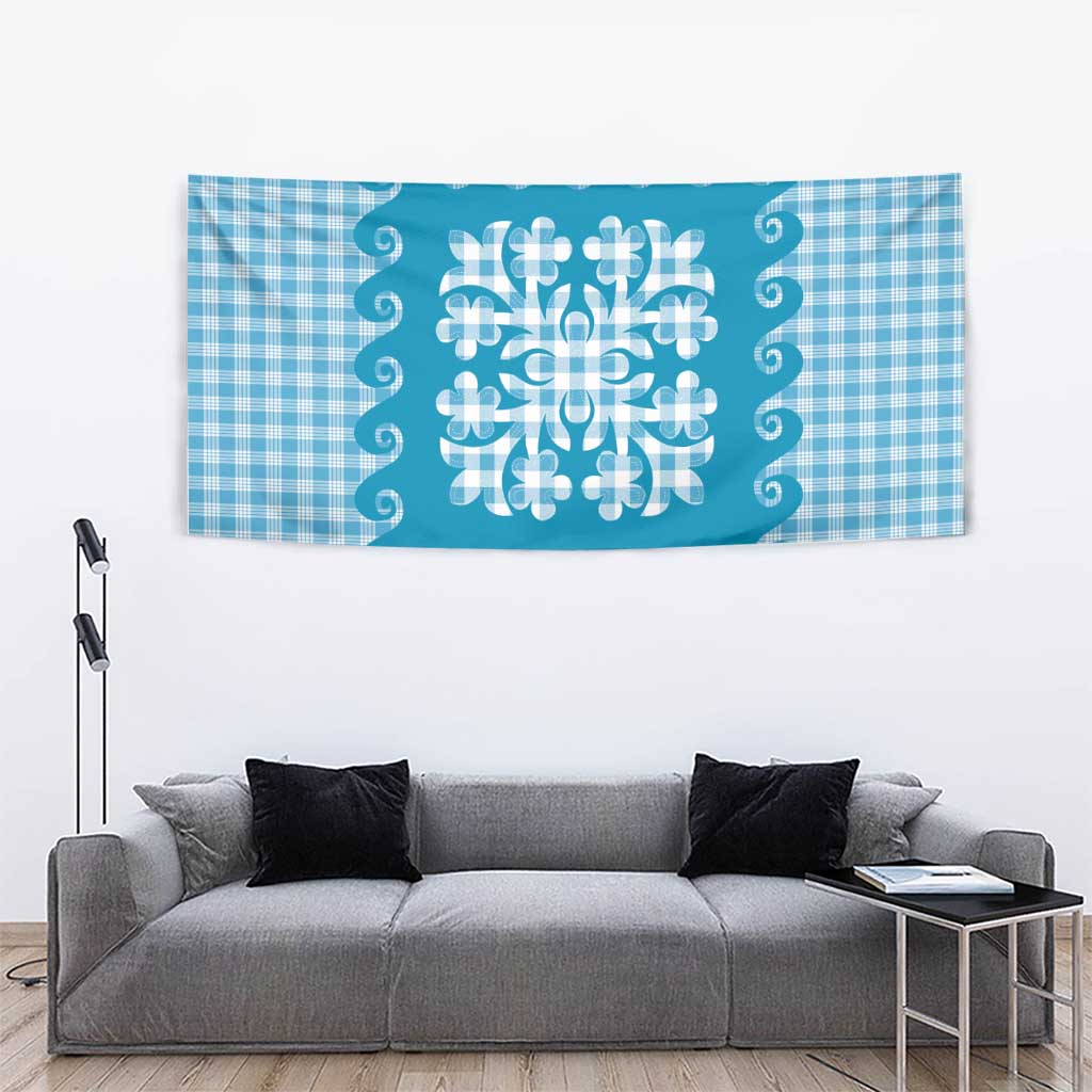 Blue Ulu Palaka Quilt Pattern Tapestry Hawaii Culture Breadfruit LT9 - Polynesian Pride