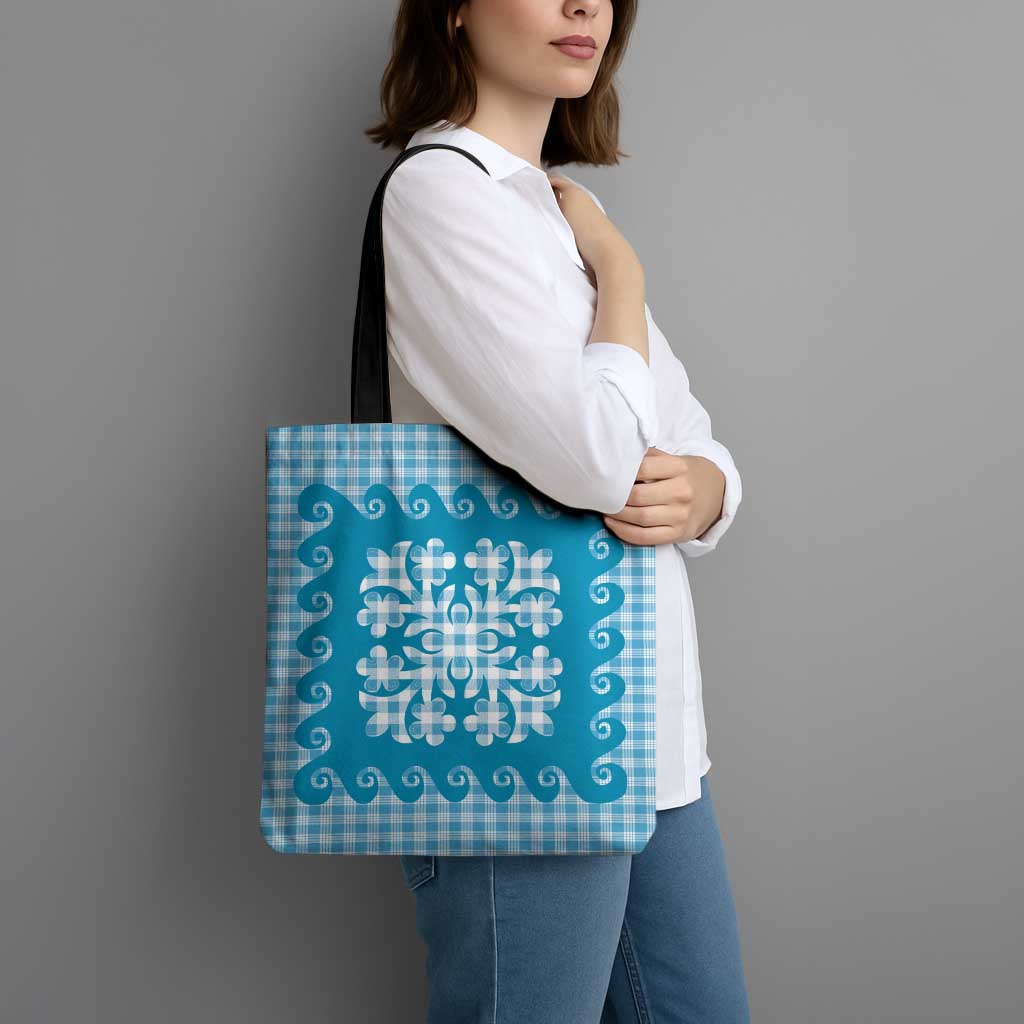 Blue Ulu Palaka Quilt Pattern Tote Bag Hawaii Culture Breadfruit LT9 - Polynesian Pride
