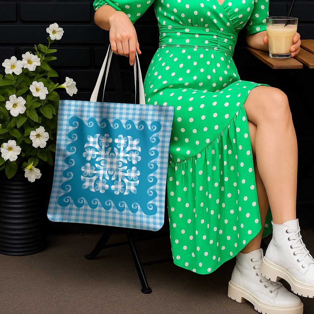 Blue Ulu Palaka Quilt Pattern Tote Bag Hawaii Culture Breadfruit LT9 - Polynesian Pride