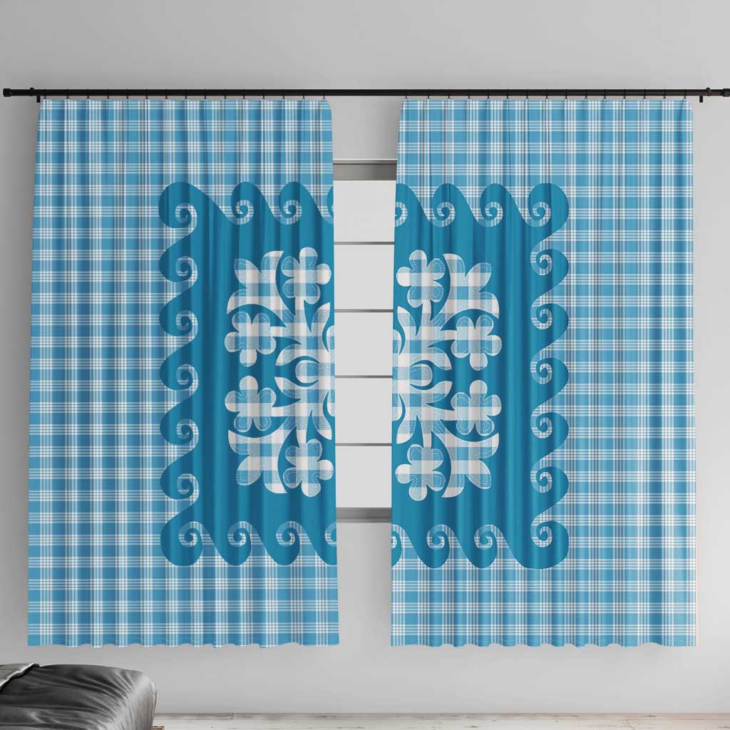 Blue Ulu Palaka Quilt Pattern Window Curtain Hawaii Culture Breadfruit - Polynesian Pride