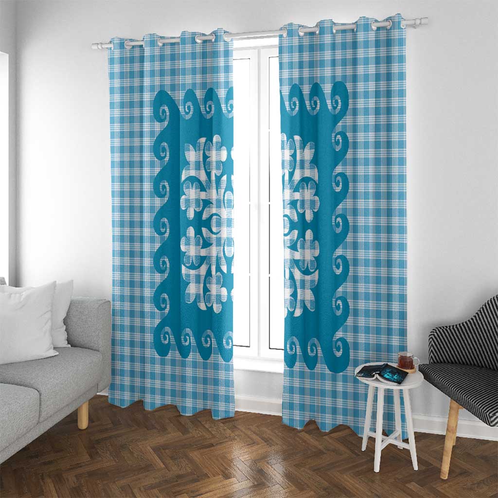 Blue Ulu Palaka Quilt Pattern Window Curtain Hawaii Culture Breadfruit LT9 With Grommets Blue - Polynesian Pride