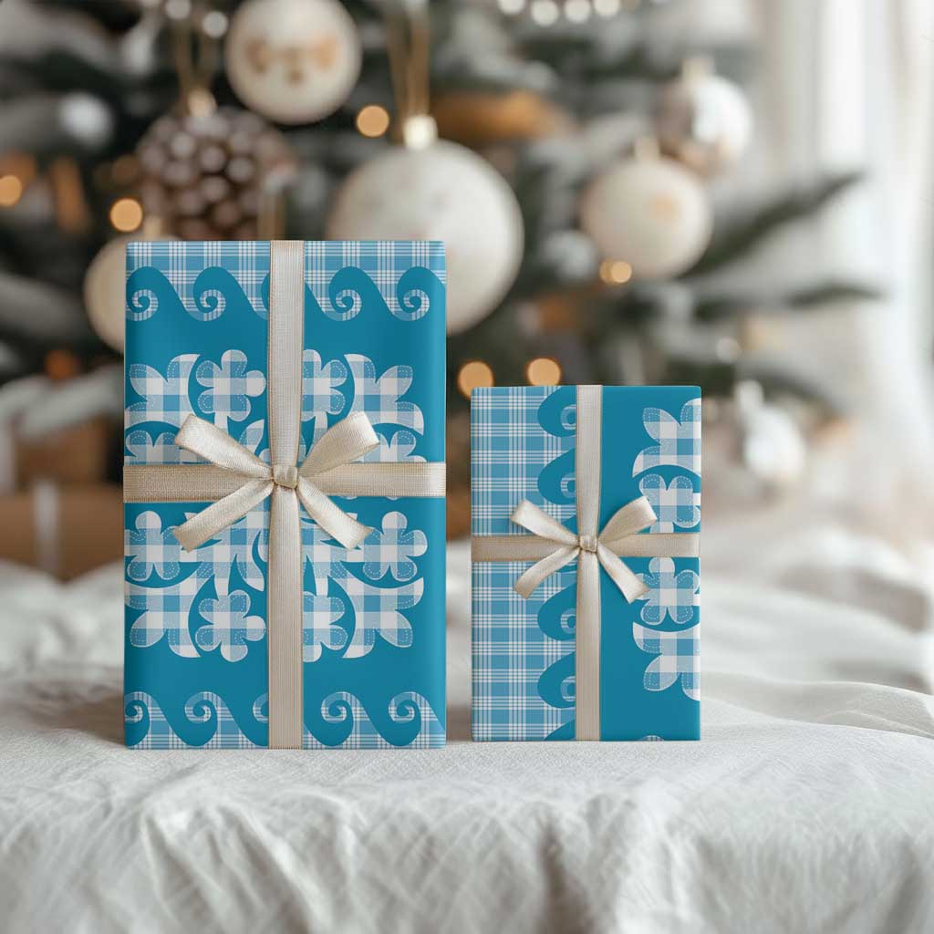 Blue Ulu Palaka Quilt Pattern Wrapping Paper Hawaii Culture Breadfruit - Polynesian Pride