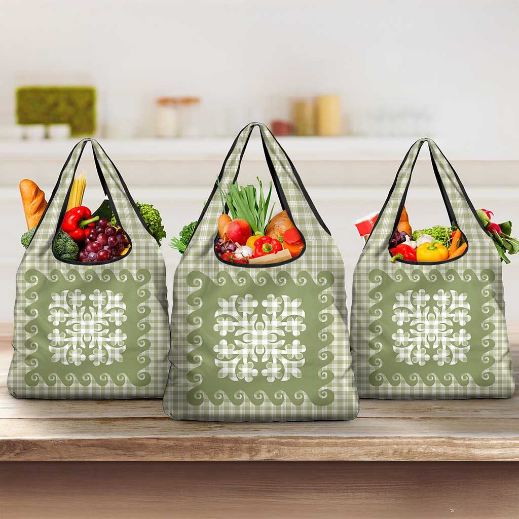 Green Ulu Palaka Quilt Pattern Grocery Bag Hawaii Culture Breadfruit - Polynesian Pride