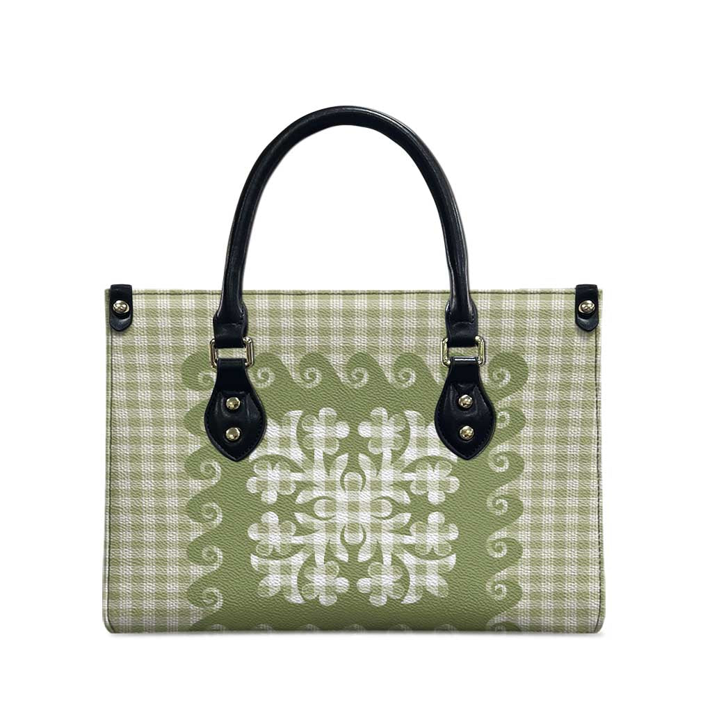 Green Ulu Palaka Quilt Pattern Leather Bag Hawaii Culture Breadfruit - Polynesian Pride