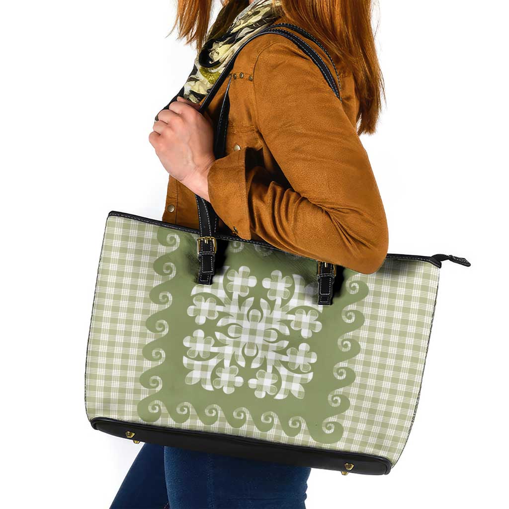 Green Ulu Palaka Quilt Pattern Leather Tote Bag Hawaii Culture Breadfruit LT9 Green - Polynesian Pride