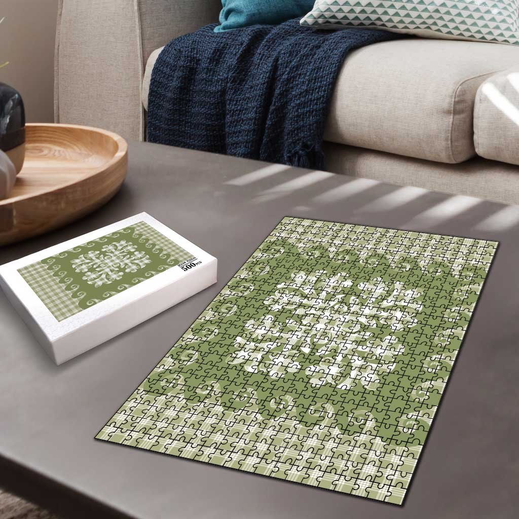 Green Ulu Palaka Quilt Pattern Puzzle Hawaii Culture Breadfruit LT9 - Polynesian Pride