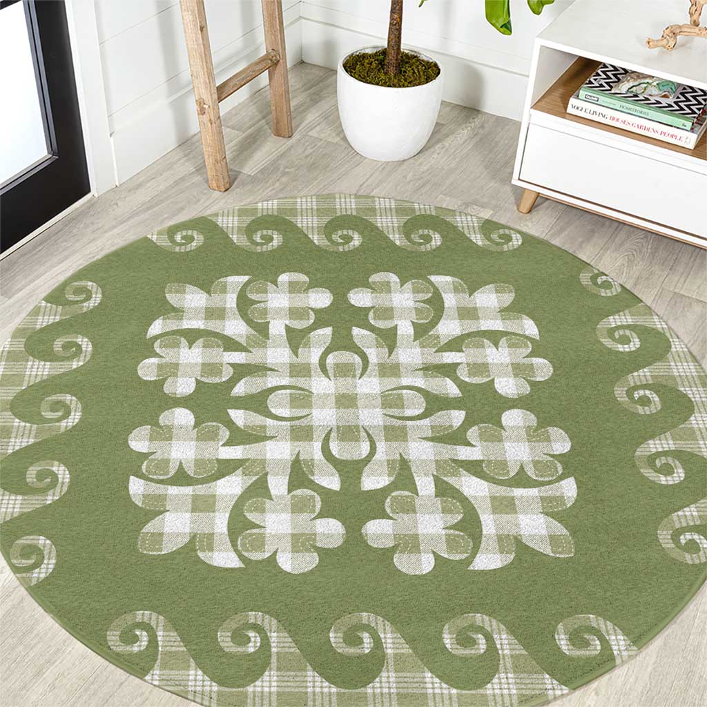 Green Ulu Palaka Quilt Pattern Round Carpet Hawaii Culture Breadfruit - Polynesian Pride