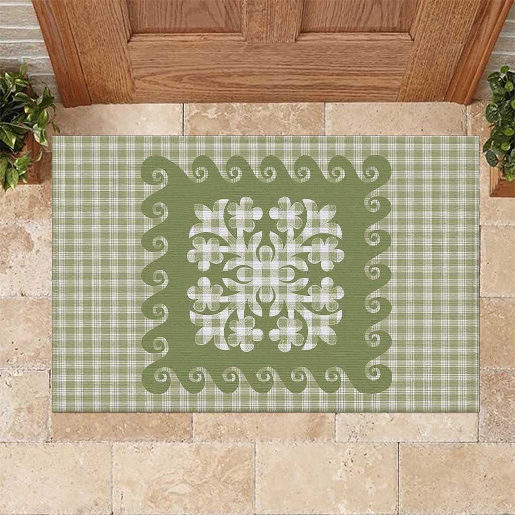 Green Ulu Palaka Quilt Pattern Rubber Doormat Hawaii Culture Breadfruit LT9 Green - Polynesian Pride