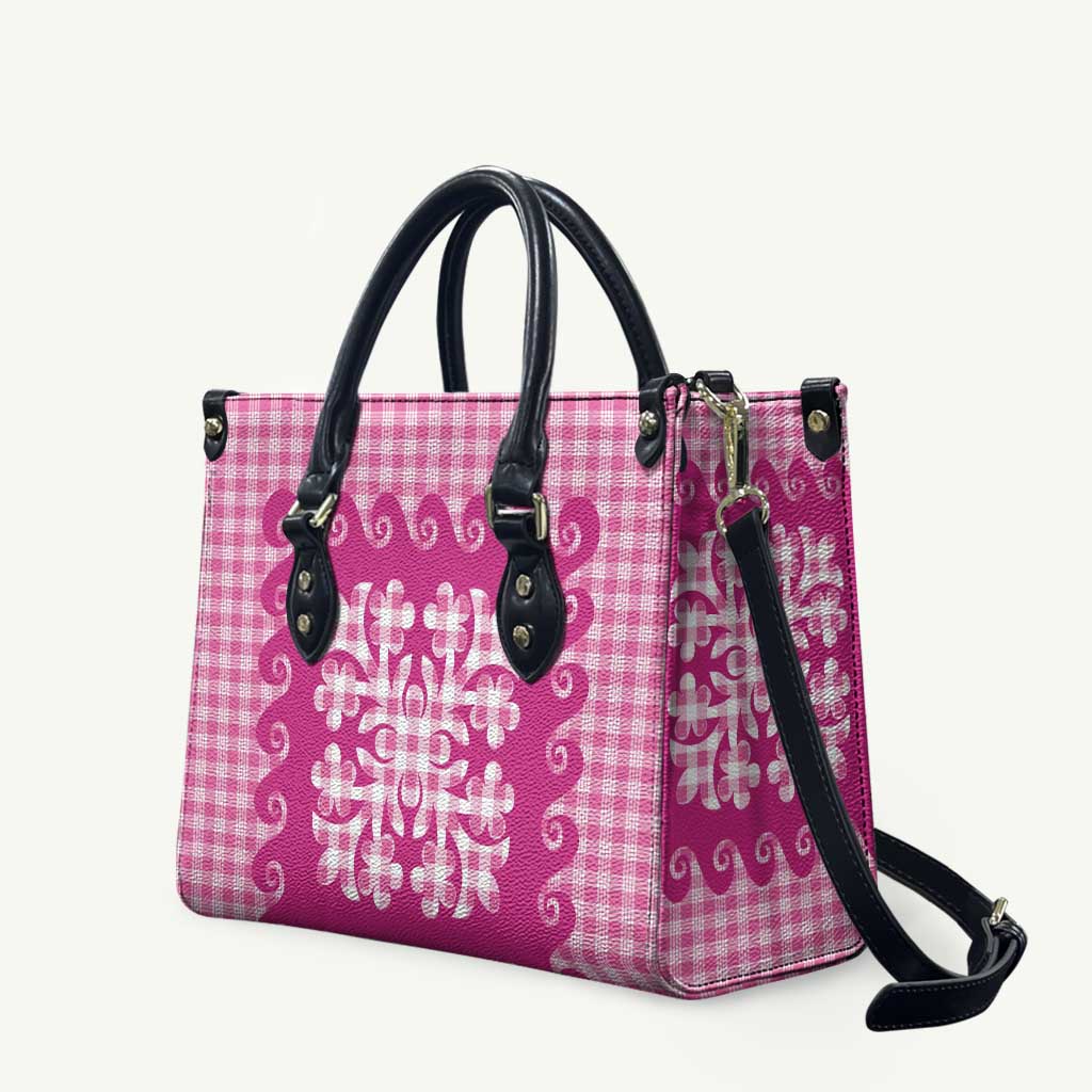 Pink Ulu Palaka Quilt Pattern Leather Bag Hawaii Culture Breadfruit - Polynesian Pride