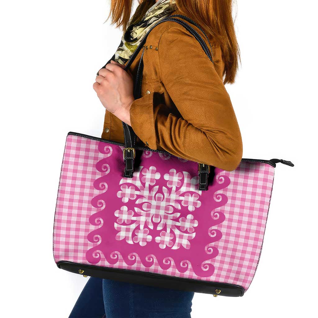 Pink Ulu Palaka Quilt Pattern Leather Tote Bag Hawaii Culture Breadfruit LT9 Pink - Polynesian Pride