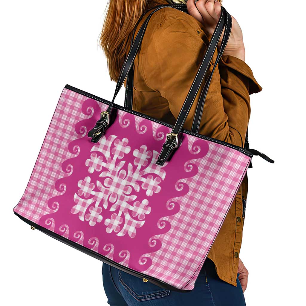 Pink Ulu Palaka Quilt Pattern Leather Tote Bag Hawaii Culture Breadfruit - Polynesian Pride