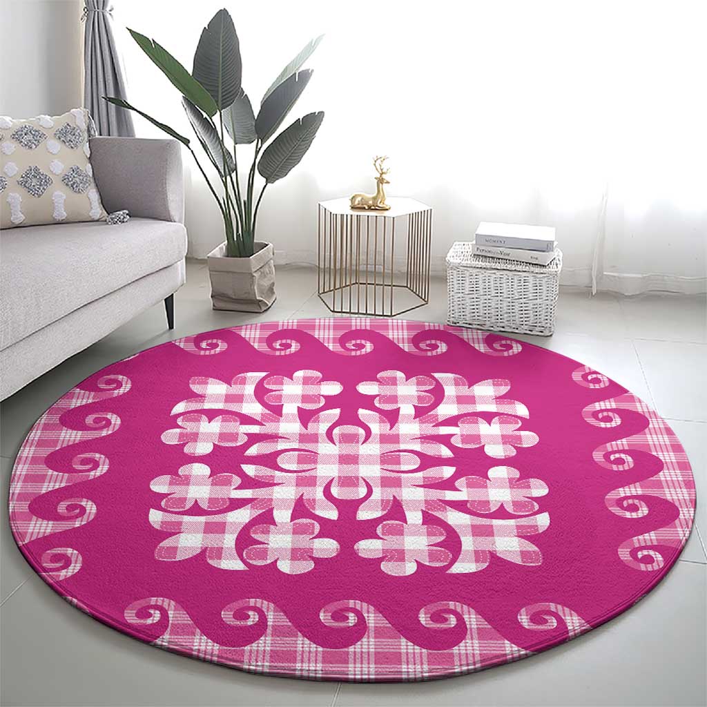 Pink Ulu Palaka Quilt Pattern Round Carpet Hawaii Culture Breadfruit - Polynesian Pride