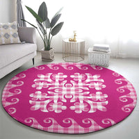 Pink Ulu Palaka Quilt Pattern Round Carpet Hawaii Culture Breadfruit - Polynesian Pride