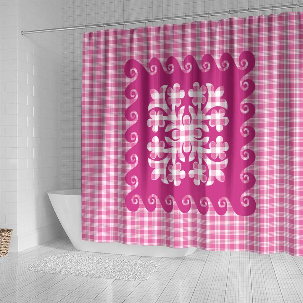 Pink Ulu Palaka Quilt Pattern Shower Curtain Hawaii Culture Breadfruit - Polynesian Pride