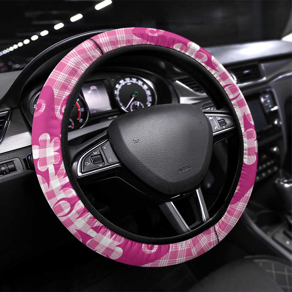 Pink Ulu Palaka Quilt Pattern Steering Wheel Cover Hawaii Culture Breadfruit - Polynesian Pride
