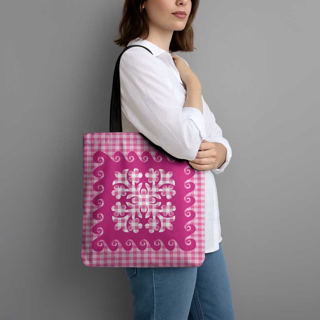 Pink Ulu Palaka Quilt Pattern Tote Bag Hawaii Culture Breadfruit LT9 - Polynesian Pride