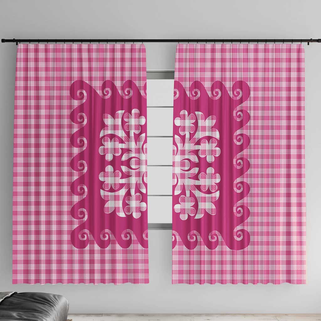 Pink Ulu Palaka Quilt Pattern Window Curtain Hawaii Culture Breadfruit LT9 With Hooks Pink - Polynesian Pride