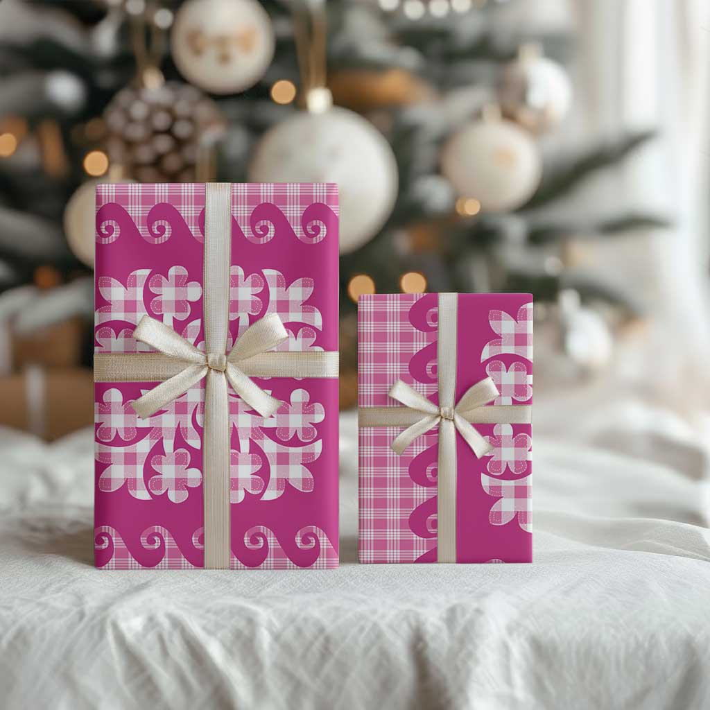 Pink Ulu Palaka Quilt Pattern Wrapping Paper Hawaii Culture Breadfruit - Polynesian Pride