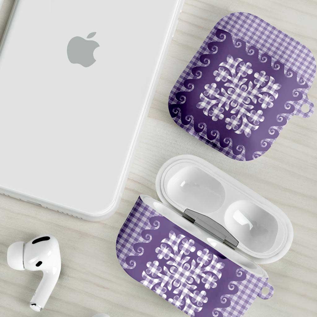 Purple Ulu Palaka Quilt Pattern AirPods Case Hawaii Culture Breadfruit - Polynesian Pride