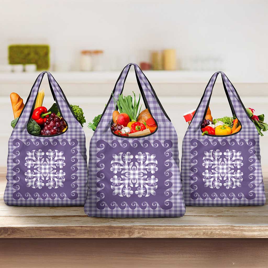 Purple Ulu Palaka Quilt Pattern Grocery Bag Hawaii Culture Breadfruit - Polynesian Pride