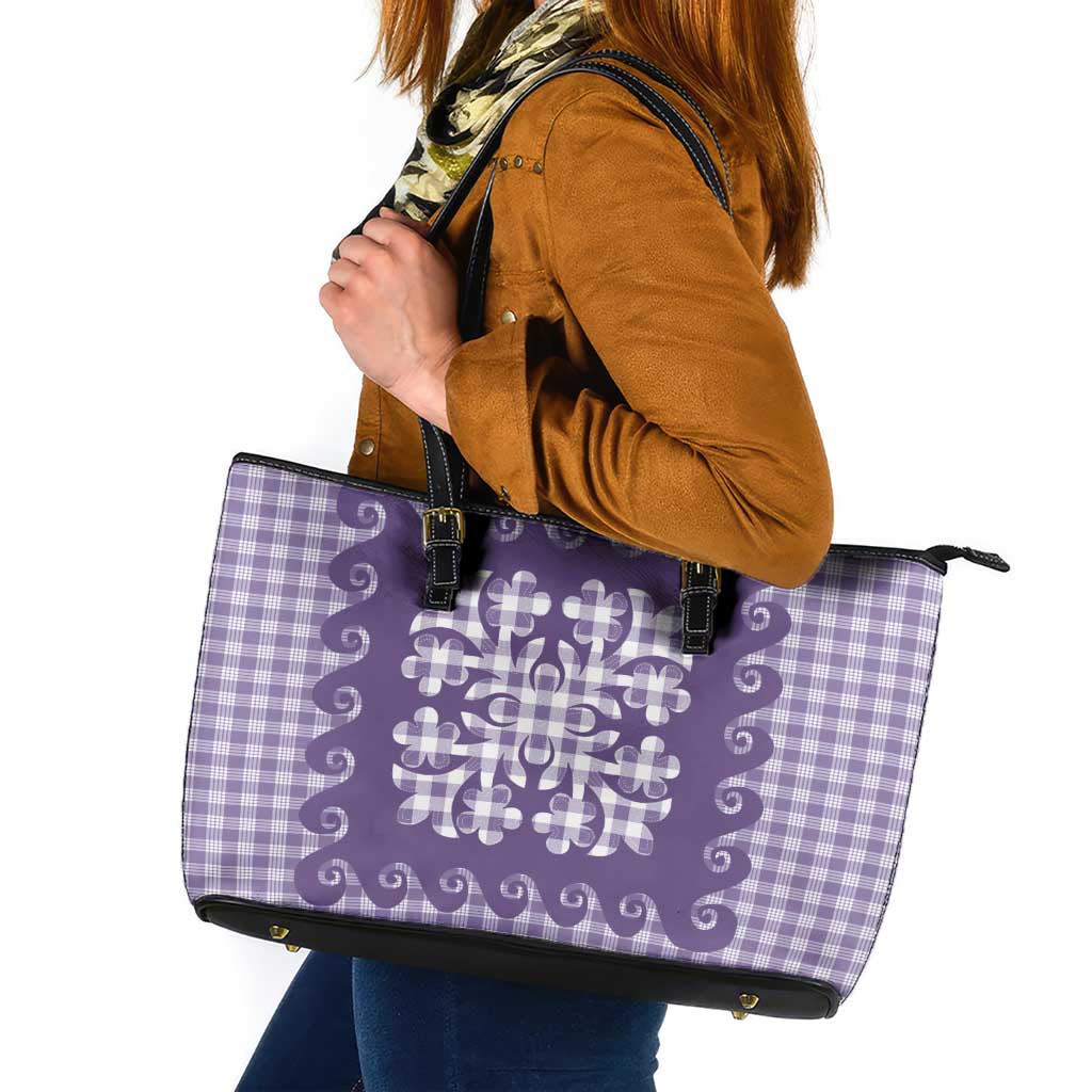 Purple Ulu Palaka Quilt Pattern Leather Tote Bag Hawaii Culture Breadfruit LT9 Purple - Polynesian Pride