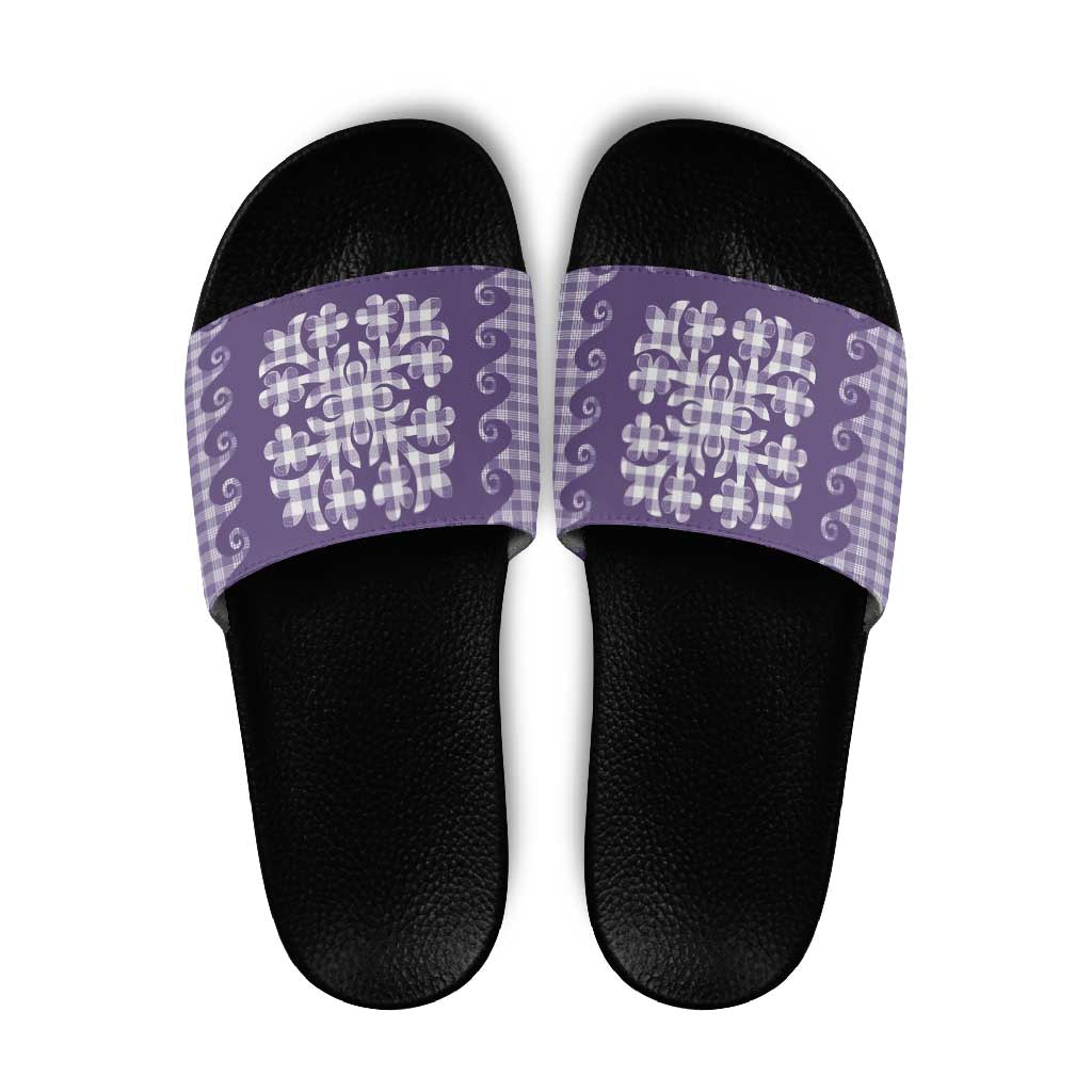 Purple Ulu Palaka Quilt Pattern Slide Sandals Hawaii Culture Breadfruit LT9 Purple - Polynesian Pride