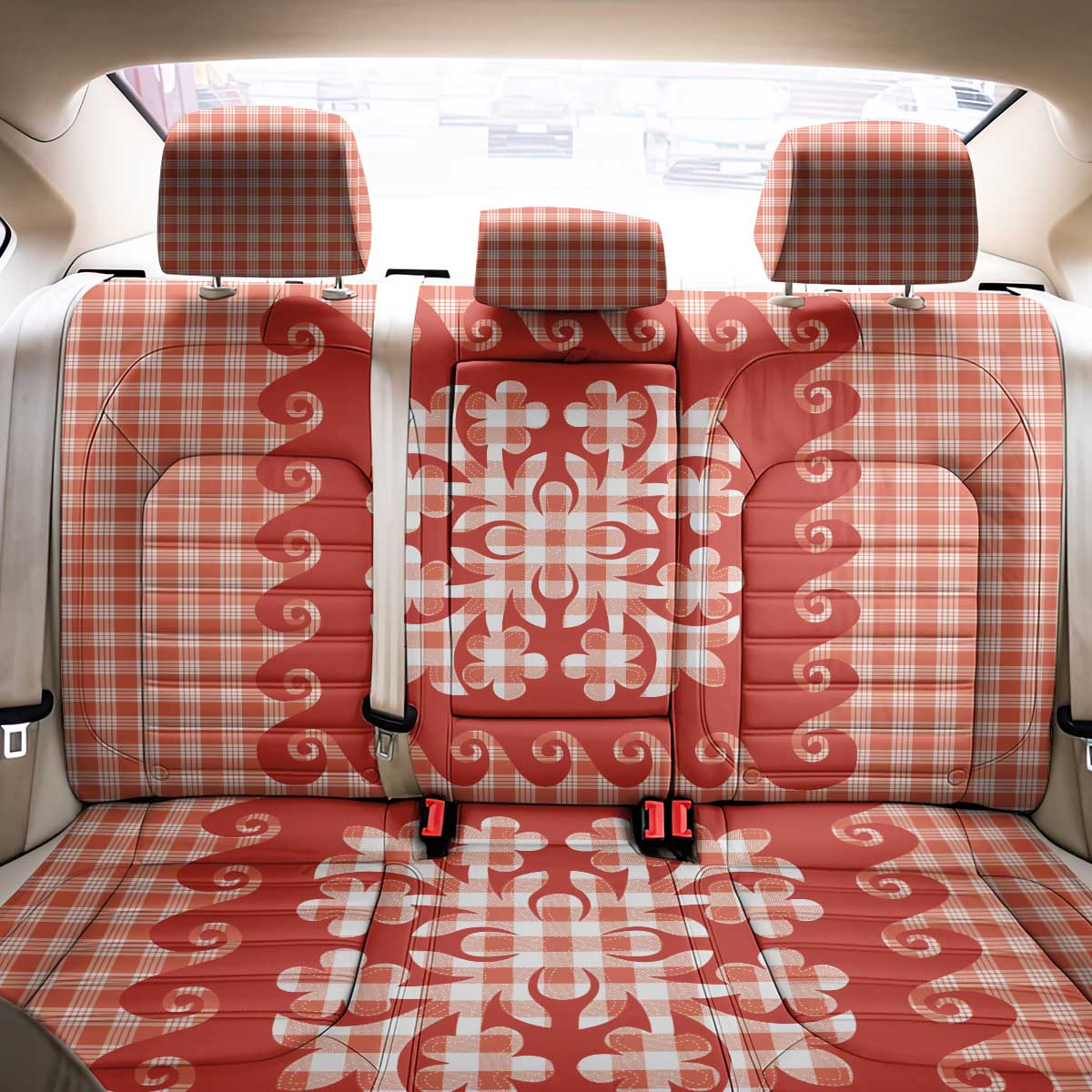 Red Ulu Palaka Quilt Pattern Back Car Seat Cover Hawaii Culture Breadfruit - Polynesian Pride