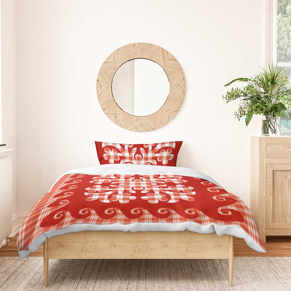 Red Ulu Palaka Quilt Pattern Bedding Set Hawaii Culture Breadfruit - Polynesian Pride