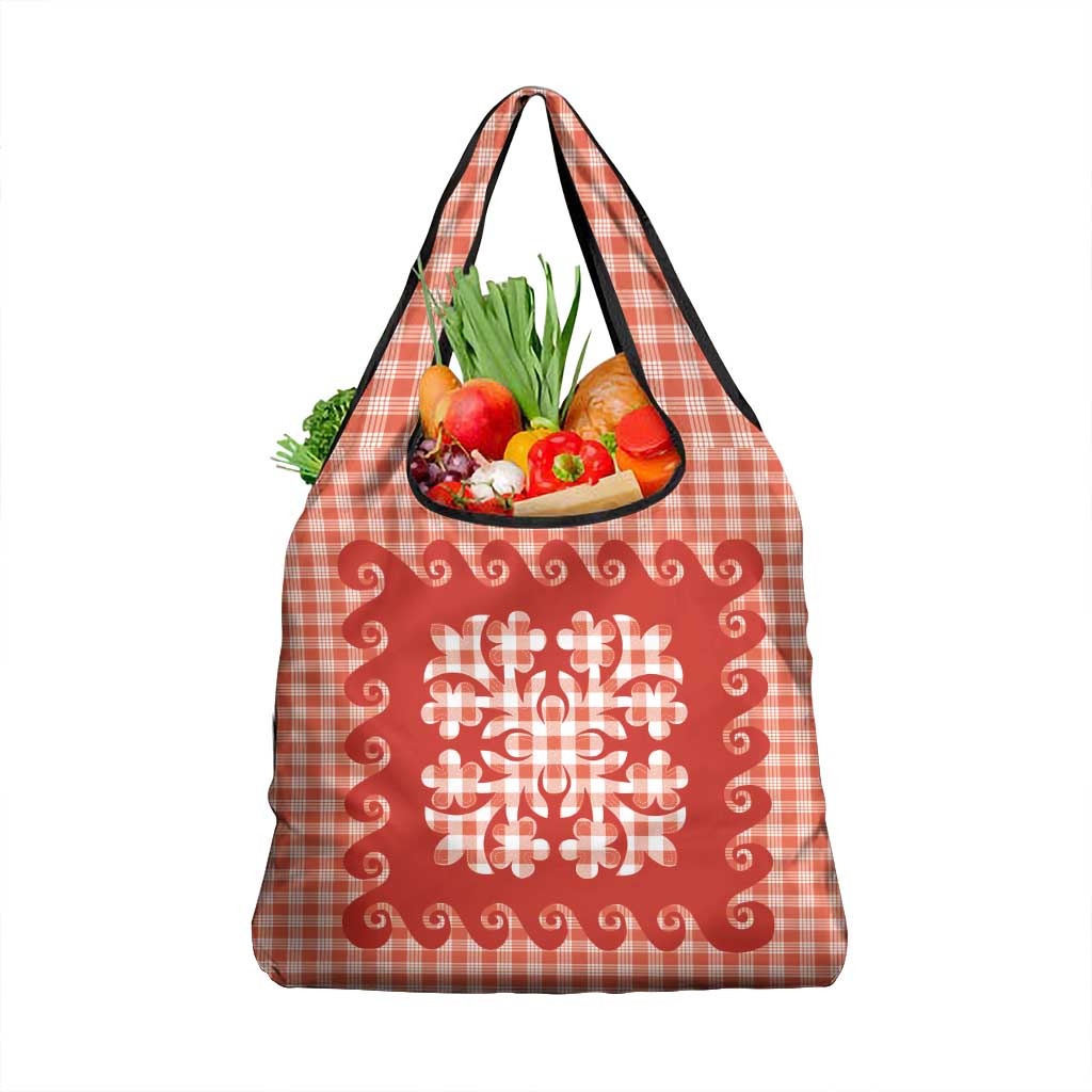 Red Ulu Palaka Quilt Pattern Grocery Bag Hawaii Culture Breadfruit LT9 1-pack One Size Red - Polynesian Pride