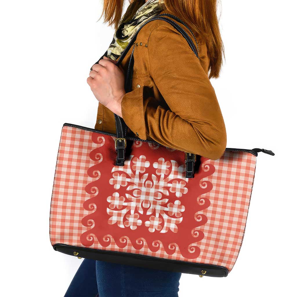 Red Ulu Palaka Quilt Pattern Leather Tote Bag Hawaii Culture Breadfruit LT9 Red - Polynesian Pride